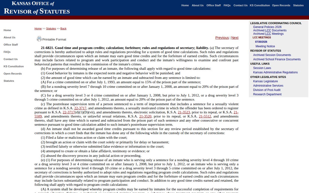 Kansas good-time statute for a Kearny County release date lookup