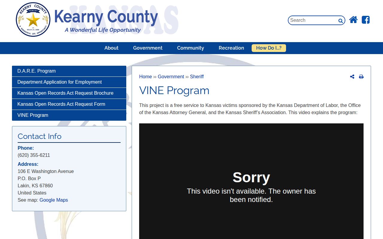 Kearny County released inmate VINE notification page